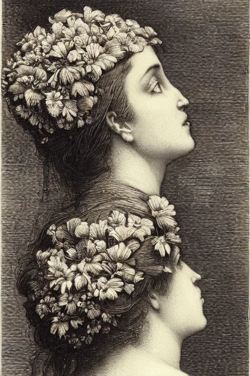 Image similar to extreme close-up, portrait of a beautiful french woman from behind with flower in the head, Gustave Dore lithography