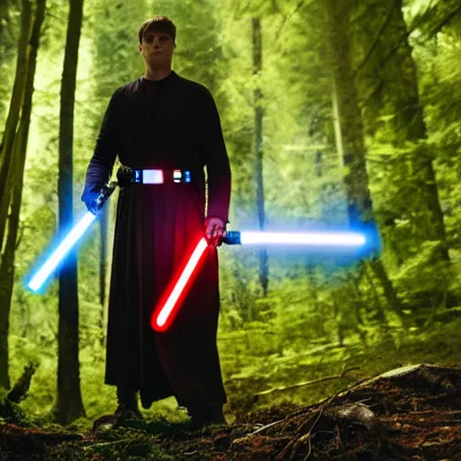 Prompt: Man wielding a light saber from Star Wars in real life in the forest, cutting down a tree using the light saber, 8k, cinematic, epic composition, award-winning