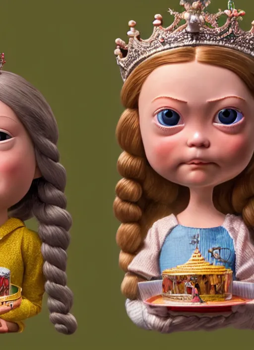 Image similar to highly detailed closeup, face profile portrait of greta thunberg as a tin toy fairytale princess wearing a crown eating cakes, bikini, unreal engine, nicoletta ceccoli, mark ryden, earl norem, lostfish, global illumination, detailed and intricate environment