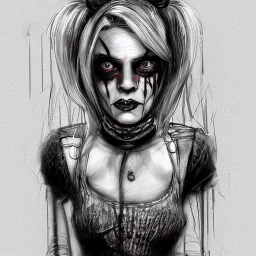 Image similar to surrealism grunge cartoon portrait sketch of harley quinn, by michael karcz, loony toons style, freddy krueger style, horror theme, detailed, elegant, intricate