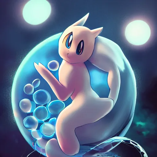 Prompt: cinematic portrait of Mew Pokemon riding large blue bubble, masterpiece, trending on artstation, featured on pixiv, cinematic composition, beautiful lighting, sharp, details, hyper-detailed award winning photography, HD, HDR, 4K, 8K