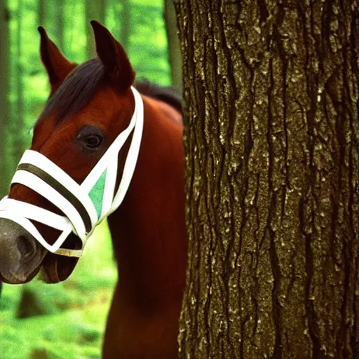 Image similar to 120mm photograph of a horse, wearing a white fly mask, forest , Photo is shot using a Rolleiflex TLR, with Kodachrome film,