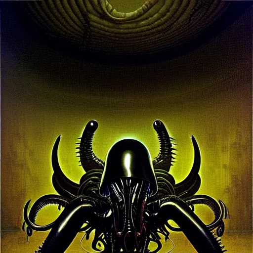 Prompt: black glossy xenomorph, alien movie, endless abandoned office cubicles, pale yellow wallpaper, moist brown carpet, dim fluorescent lighting, artstation, ultra detailed, creepy, dramatic lighting, photorealistic, art by h. r. giger and chris foss and beksinski carl spitzweg. baroque elements. baroque element. intricate artwork by caravaggio.