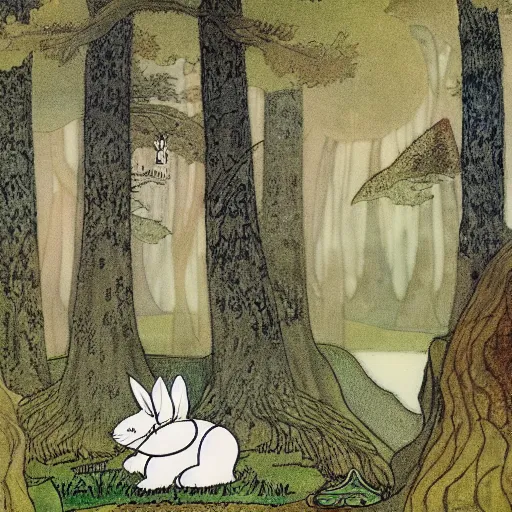 Image similar to a white rabbit in a forest, a pond in the foreground, in the style of John Bauer