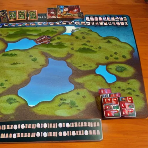 Image similar to board for a board game including two large islands, two medium sized islands, and one small island