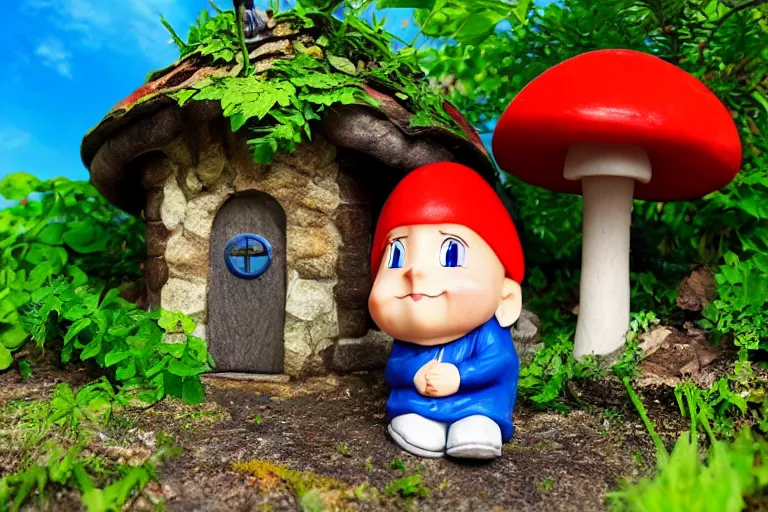 Image similar to anime gnome on doorstep of mushroom house, under lush green plants and flowers, hyper realism, macro shot, blue sky, sunny