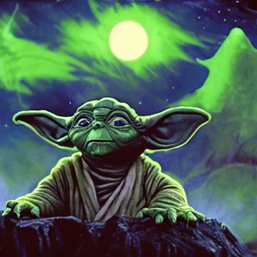 Prompt: still from the show dinsaurs, yoda as the baby from the show dinosaurs(1991 tv show), overwhelming energy, detailed background by m. w. kaluta + bruce pennington, dark side, neon color, three moons, tiny stars, volumetric lighting, colorful vapor, deep dark color, floating molecules, digital painting, oil painting, artwork by ralph mcquarrie + cory loftis + andreas rocha + paul lehr + ian mcque + eddie mendoza