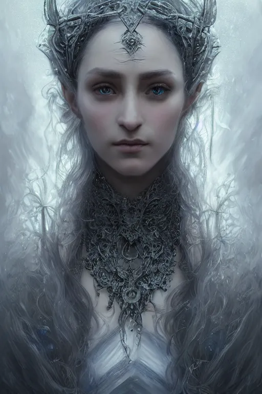 Image similar to realistic portrait of beautifully crystalized and detailed portrait of a elvish witch, matte painting of cinematic movie scene, dark fantasy, created by gustave dore and greg rutkowski, high detailed, smooth draw, synthwave neon retro, intricate, realistic proportions, dramatic lighting, trending on artstation.