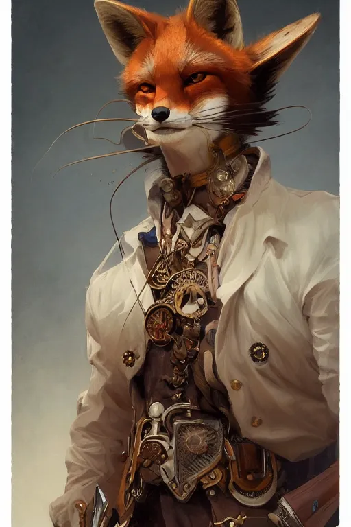 Prompt: heroic character design of anthropomorphic whimsical fox, portrait, western, steampunk, clint eastwood face, duster, fantasy, intricate, elegant, highly detailed, digital painting, artstation, concept art, sharp focus, illustration, art by artgerm and greg rutkowski and alphonse mucha