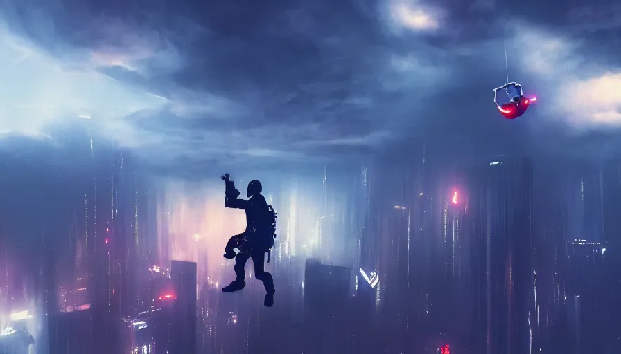 Image similar to man skydiving into a dark cyberpunk city through clouds, volumetric lighting, dystopia, artstation, concept art, painting