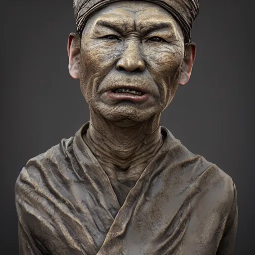 Image similar to photorealistic fossilised bronze sculpture face portrait of chinese uyghur muslim prisoner, wearing victorian rags, elite, disfigured, drooling, moist, unnatural movement, they are unhappy, bizzaro, renaissance, by emedios varo and anato finnstark and fenghua zhong and giacometti, hyperrealism, 8 k, 3 d, masterpiece, texture