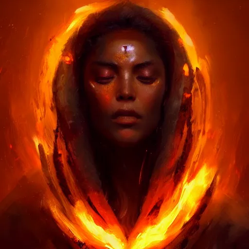 Image similar to a beautiful portrait of a fire goddess with closed eyes by greg rutkowski and raymond swanland, trending on artstation, flaming background, ultra realistic digital art