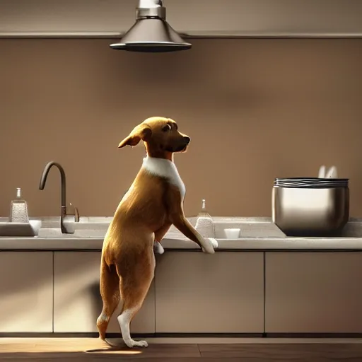 Prompt: a bored dog doing the dishes in the kitchen, very detailed and sharp photorealistic image, artstation, cinematic lighting