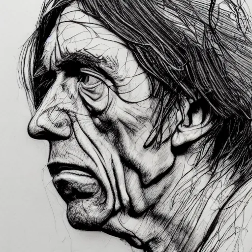 Image similar to a realistic yet scraggly portrait sketch of the side profile of a stern and sophisticated iggy pop, trending on artstation, intricate details, in the style of frank auerbach, in the style of sergio aragones, in the style of martin ansin, in the style of david aja, in the style of mattias adolfsson