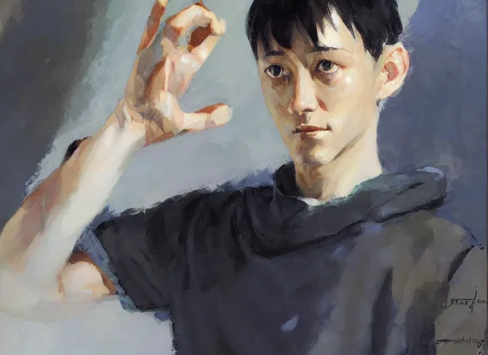 Image similar to a highly detailed beautiful portrait of shinji ikari by gregory manchess, james gurney, james jean