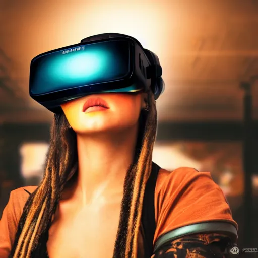 Prompt: a high quality portrait of a beautiful stunning pirate in a cyberpunk cyberpunk cyberpunk cafe wearing a VR visor realism 8k award winning photo