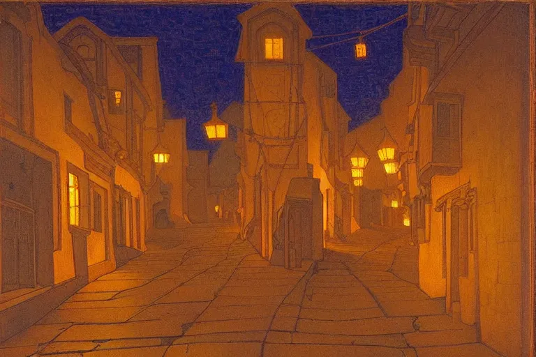 Prompt: winding street at twilight in a very old city by George Price Boyce and Nicholas Roerich and jean delville, glowing paper lanterns, strong dramatic cinematic lighting , ornate tiled architecture, lost civilizations, smooth, sharp focus, extremely detailed