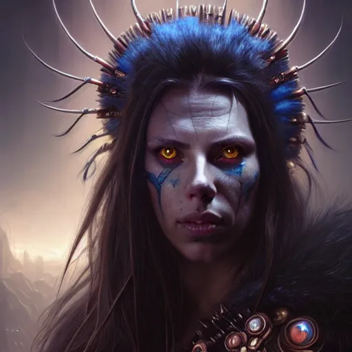 Prompt: portrait painting of a cyberpunk orc shaman extremely muscular ugly scarlett johansson with bad teeth, ultra realistic, concept art, intricate details, eerie, highly detailed, photorealistic, octane render, 8 k, unreal engine. art by artgerm and greg rutkowski and charlie bowater and magali villeneuve and alphonse mucha