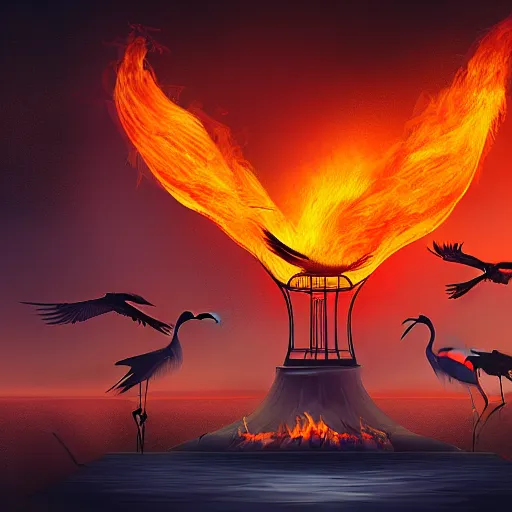 Image similar to in the lower part of the picture is the harp burning in the fire, above are cranes flying in flames, digital painting, concept art