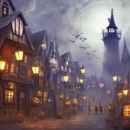 Prompt: A bustling magical town with witches flying on their broom inspired by Victorian England and Amsterdam and Halloween Town from The Nightmare Before Christmas, concept art, matte painting, trending on art station, ultra high quality, masterpiece