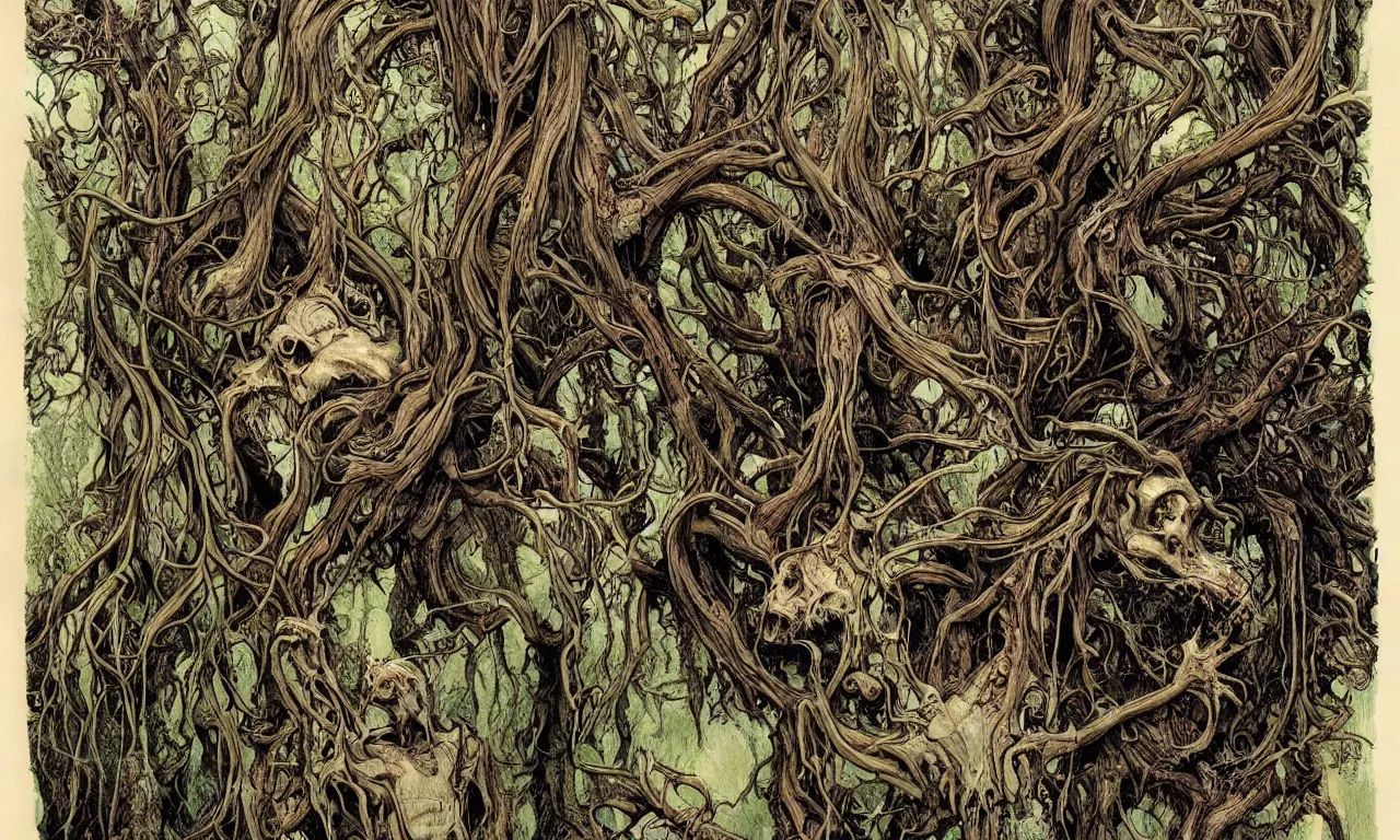 Image similar to hyperdetailed art nouveau portrait of treebeard and old groot as a cthulhu eyeball moose skull wendigo swamp thing creatures, by michael kaluta, pushead and bill sienkiewicz, photorealism, claws, skeleton, antlers, fangs, forest, wild, bizarre, scary, lynn varley, lovern kindzierski, steve oliff