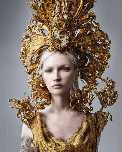 Image similar to a portrait of female by stefan geselle and nekro borja, photorealistic, intricate details, hyper realistic, fantasy, elegant, baroque metal gold headpiece, photorealistic, canon r 3, photography, wide shot, symmetrical features, wide angle shot, head to toe, standing pose, feet on the ground, wearable art