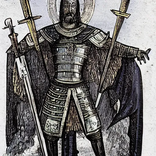 Image similar to photo of a armoured vlad the impaler hold a holy spear