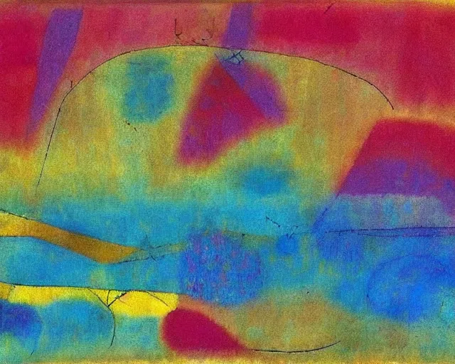 Prompt: Ocean waves in a psychedelic dream world. DMT. Curving rivers. Paul Klee. Zao Wou-ki. Minimalist.