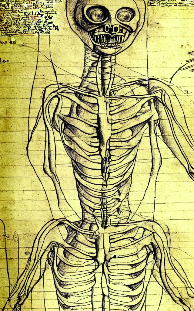 Prompt: The anatomy of an Alien sketched infographic, drawn by Leonardo Da Vinci, detailed analysis, zoomed out piece of paper