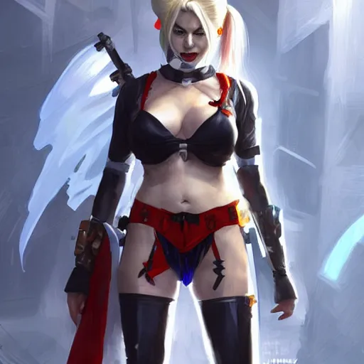 Image similar to portrait of anime Harley Quinn in bikini armor, dc comics, cyberpunk, Warhammer 40000, dark fantasy, digital art from artstation by Ruan Jia and Mandy Jurgens and Artgerm and william-adolphe bouguereau