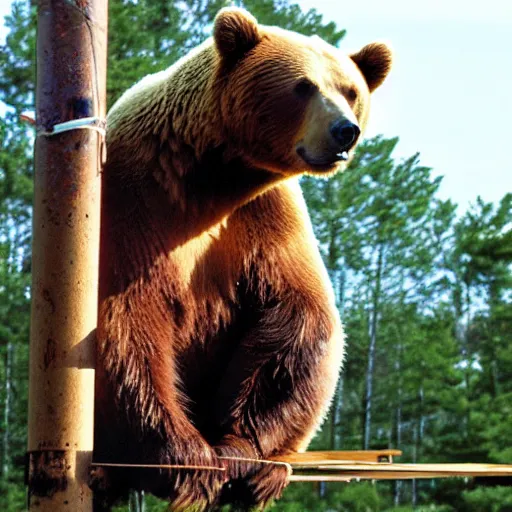 Prompt: the bear sits on a high pole and repairs high-voltage wires. High-resolution photo.