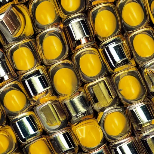 Prompt: realistic photograh 1 0 0 0 0's of yellow colored lip balm tubes in scattered in giant piles, high detail, shaded, backlit, glossy, ultrawide angle