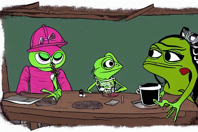 Prompt: studio photo!!! of a punk girl on a date with pepe! the frog! drinking coffee, highly detailed, 8 k, natural lighting