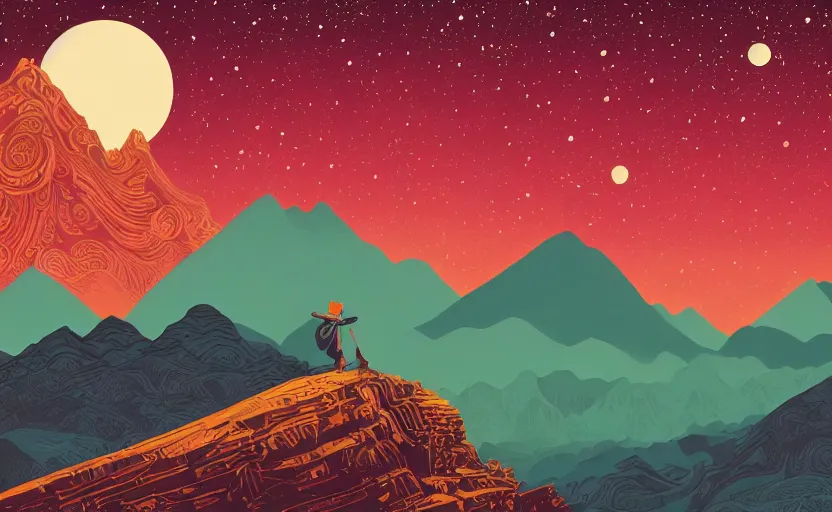 Prompt: mountains, stars and paisley filled sky, artstation, intricate, highly detailed, digital painting, concept art, sharp focus, illustration by Tom Whalen and Ivan Bilibin