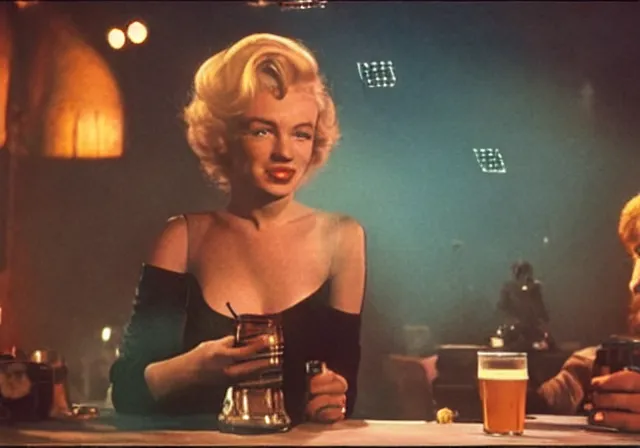 Image similar to A long-shot, color cinema film still of a Marlin Monroe drinking beer in the Mos Eisley's Tavern, Two aliens around, misty, studio lighting; from Star Wars(1977)