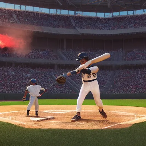 Image similar to baseball player hitting the ball with the baseball bat in the middle of the game and in front of everyone in the stadium, james gurney painting style, greg rutkowski, artstation, octane render, unreal engine 5