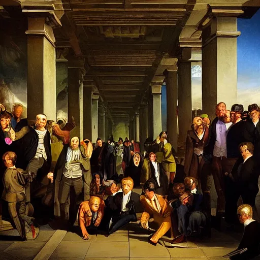 Prompt: underground tunnels inhabited by portly white men in suits and ties, computers, lights and switches, portal to another world, baroque oil painting