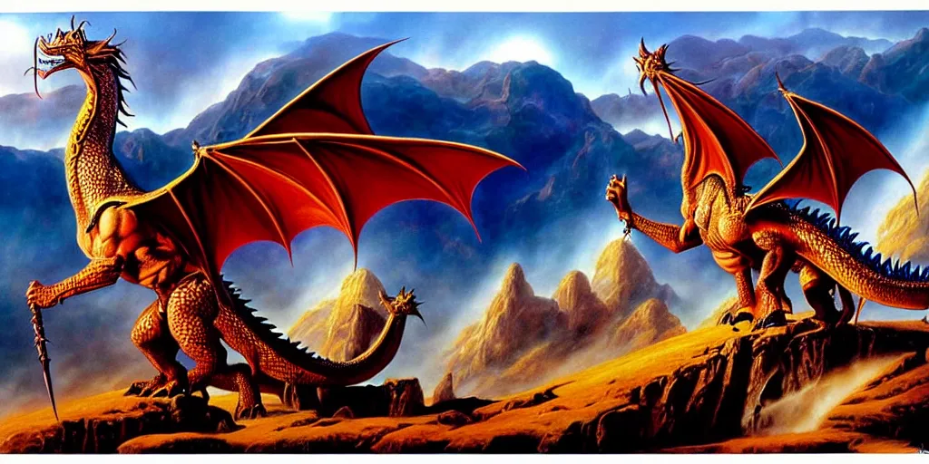 Image similar to ultra realistic illustration, epic high fantasy landscape. dragonlance graphic art print by boris vallejo