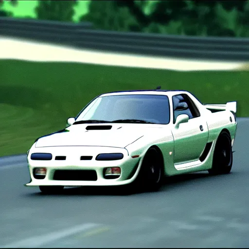 Prompt: cockpit camera showing ikari shinji drifting in a mazda rx 7, full hd, 4 k initial d wallaper, initial d anime