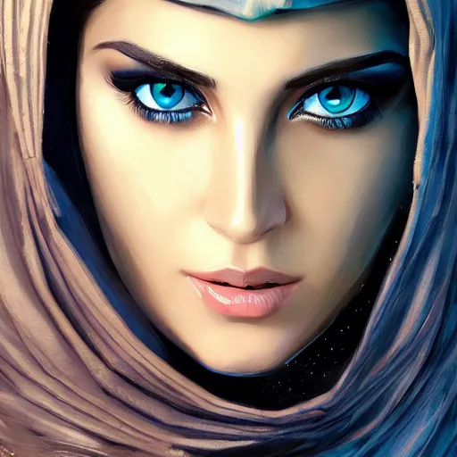 Image similar to Arab Ameera Al taweel, blue eyes, leather, oil colors, elegant, sharp focus, beautiful face, Hyper-realistic, Highly Detailed, HD, Dramatic Lighting by Brom, by beeple, studio ghibli, wallpaper, highly detailed, trending on artstation