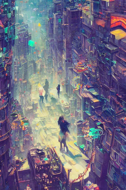 Prompt: dreamlike people in a busy city people surrounded by 3d graffiti paint dripping down to the floor, professional illustration by moebius, hiroshi yoshida, painterly, yoshitaka Amano, artgerm, loish, painterly, and james jean, illustration, moon lighting, masterpiece