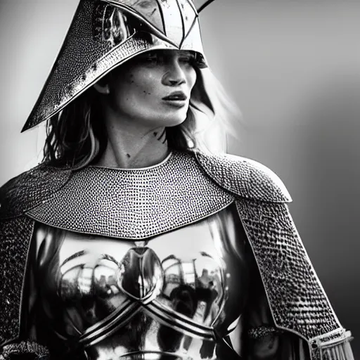 Prompt: kate moss dressed up as a knight in shining armour, hyper realistic, reflections, shadows, photo realistic, 8k