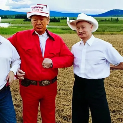 Prompt: “Xi Jinping, Donald Trump and Vladimir Putin wearing cowboy costumes while working on a farm in Montana, under Joe Biden’s command”