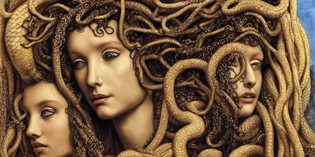 Image similar to realistic portrait of beautiful medusa with her snakes, golden, delicate, hyper realism, 1 4 5 0, ink, ultra realistic, 8 k