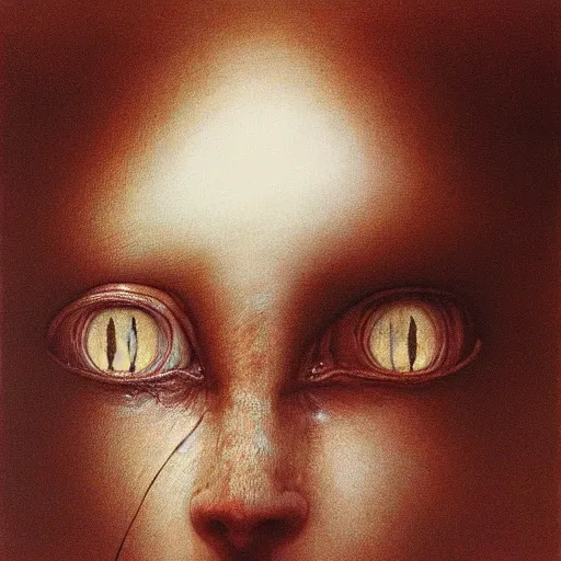 Prompt: beksinski, zdzislaw - her eyes wide, oil on canvas