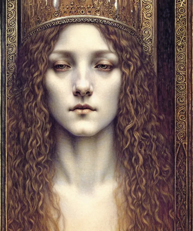 Image similar to detailed realistic beautiful young medieval queen face portrait by jean delville, gustave dore and marco mazzoni, art nouveau, symbolist, visionary, gothic, pre - raphaelite. horizontal symmetry