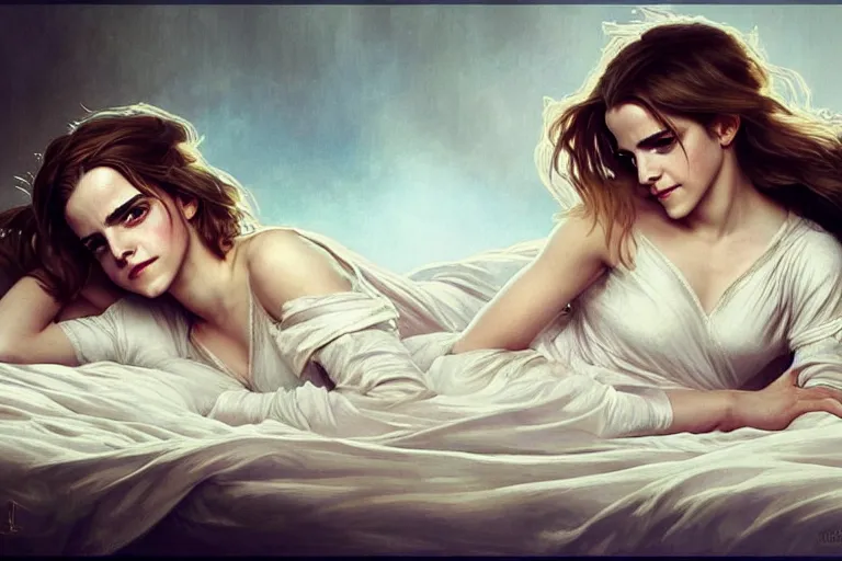 Prompt: Emma Watson lying on the bed in sleepwear, very beautiful, night timet, intricate, elegant, highly details, digital painting, artstation, concept art, matte, sharp focus, illustration, art by Artgerm and Greg Rutkowski and Alphonse Mucha