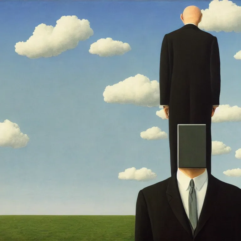 Image similar to portrait of a faceless shadow - head man in a suit, clouds in the background, by rene magritte, detailed painting, distance, centered, hd, hq, high resolution, high detail, 4 k, 8 k