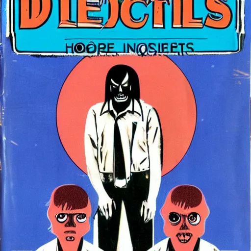 Prompt: a horror pulp fiction book cover from the 1 9 7 0 s about demons, monsters and aliens science fiction existential confusion