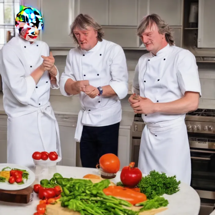 Image similar to vladimir putin and james may in white apron in kitchen cooking dinner. stock photo, photograph